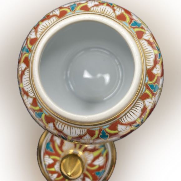 Ginger Jar & Lid Vintage Cloisonné Style Red Gold Painted Floral Gilt Trinket - Picture 5 of 9